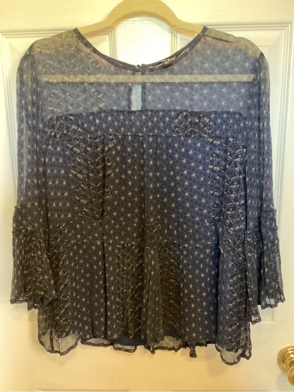 Lucky Brand Navy Sheer Patterned Long Sleeve Blouse